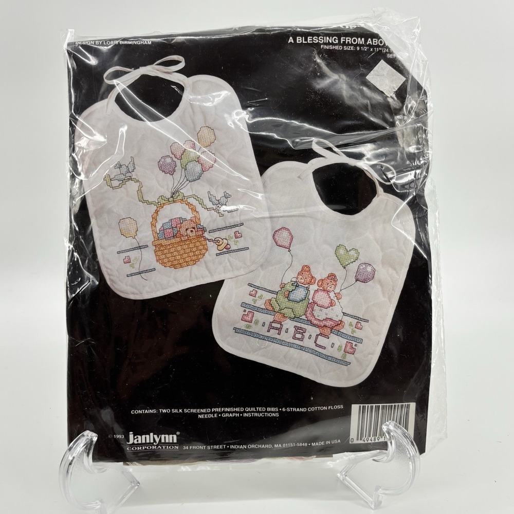 Vtg  Janlynn "A Blessing From Above Bibs" Printed Cross‎ Stitch 1993 #149-09